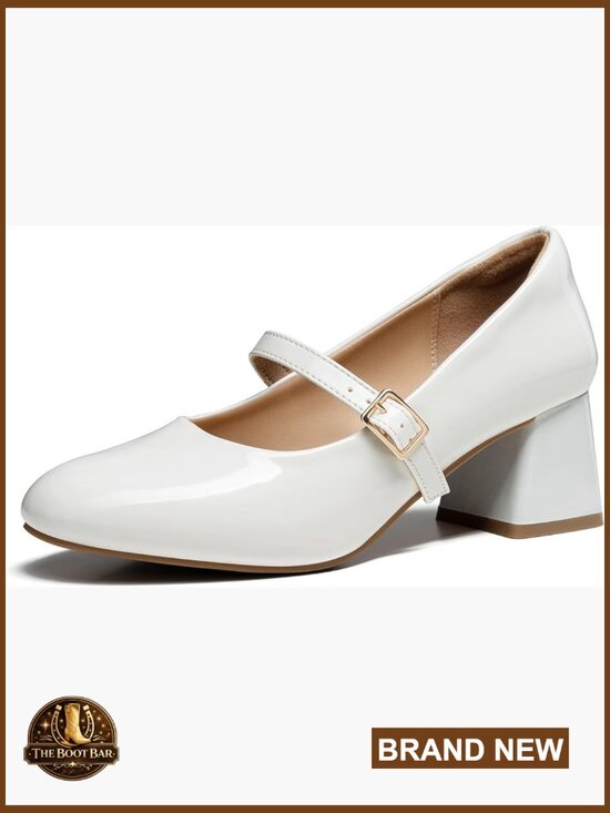Shoes - Chunky Mary Jane Pumps with Block Heel and Adjustable Strap